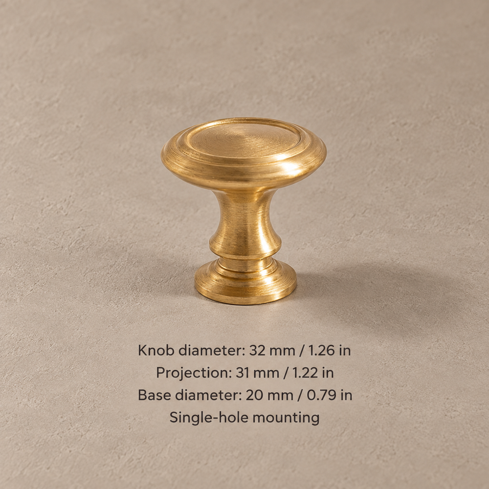 Brushed brass cabinet knob with 32 mm (1.26 in) diameter and dimensions