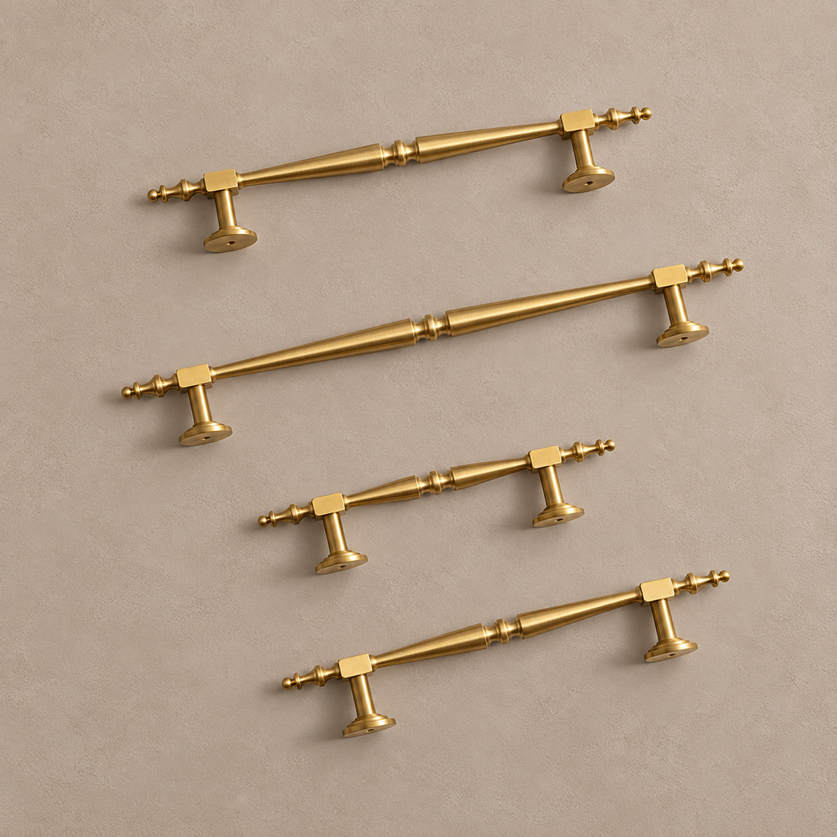 European Spindle Cabinet Pull & Knob — Brushed Brass — pull-arrangement