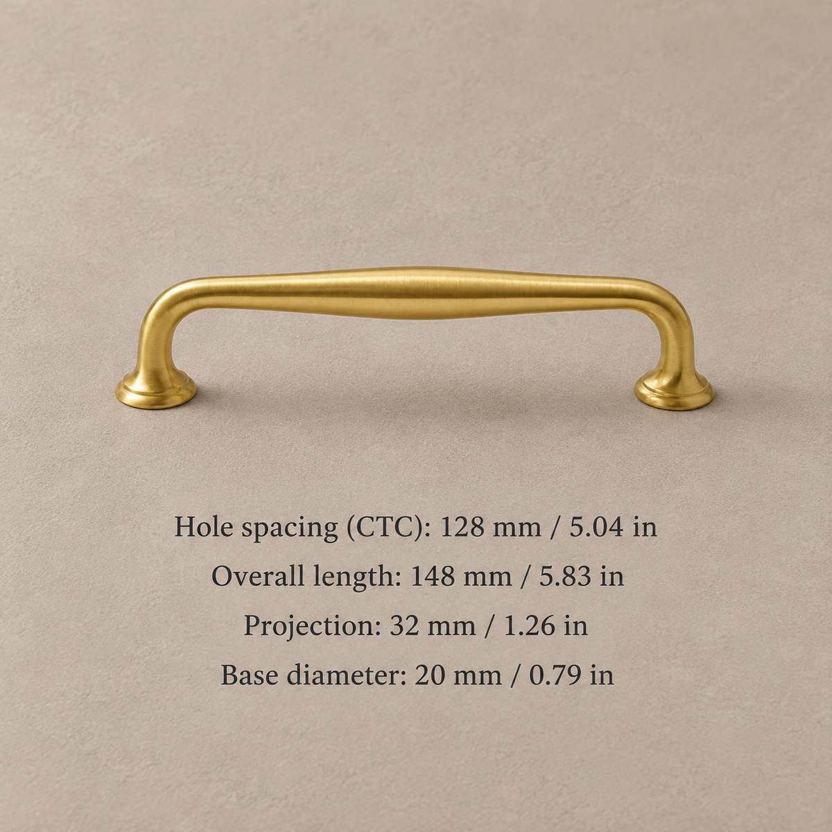 Brushed Brass Cabinet Pull & Knob — Modern Minimalist Design — pull-128mm-measurements
