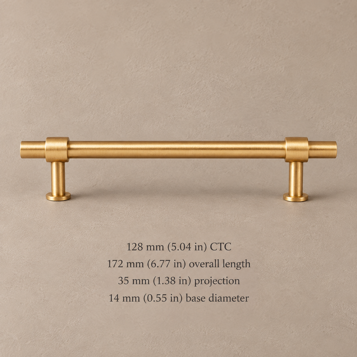 Brushed brass pull with 128 mm CTC and inch dimensions