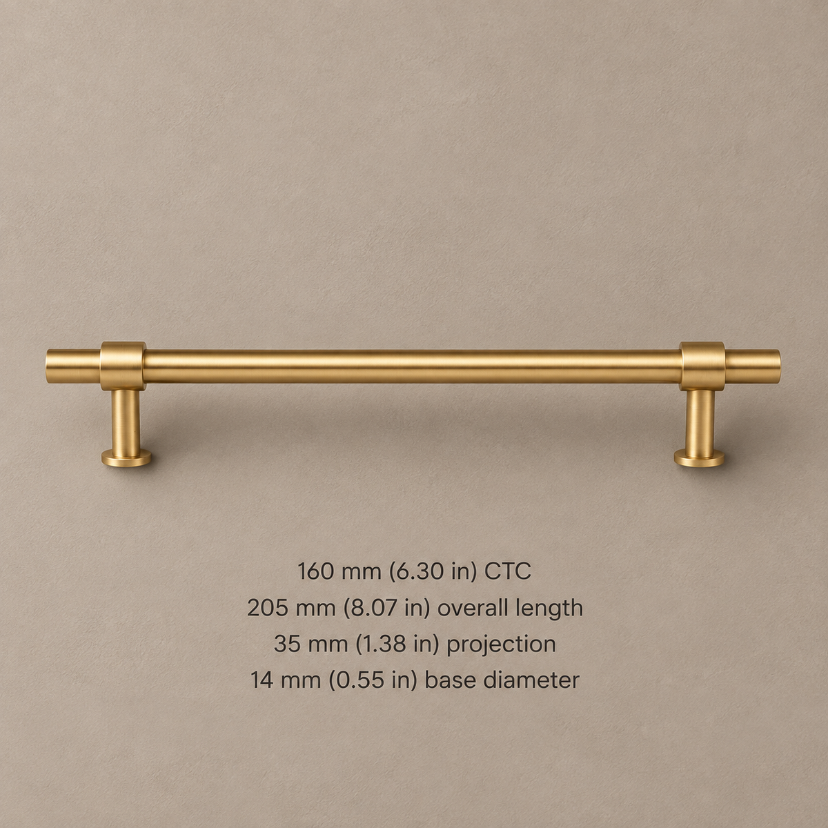 Brushed brass pull with 160 mm CTC and inch dimensions