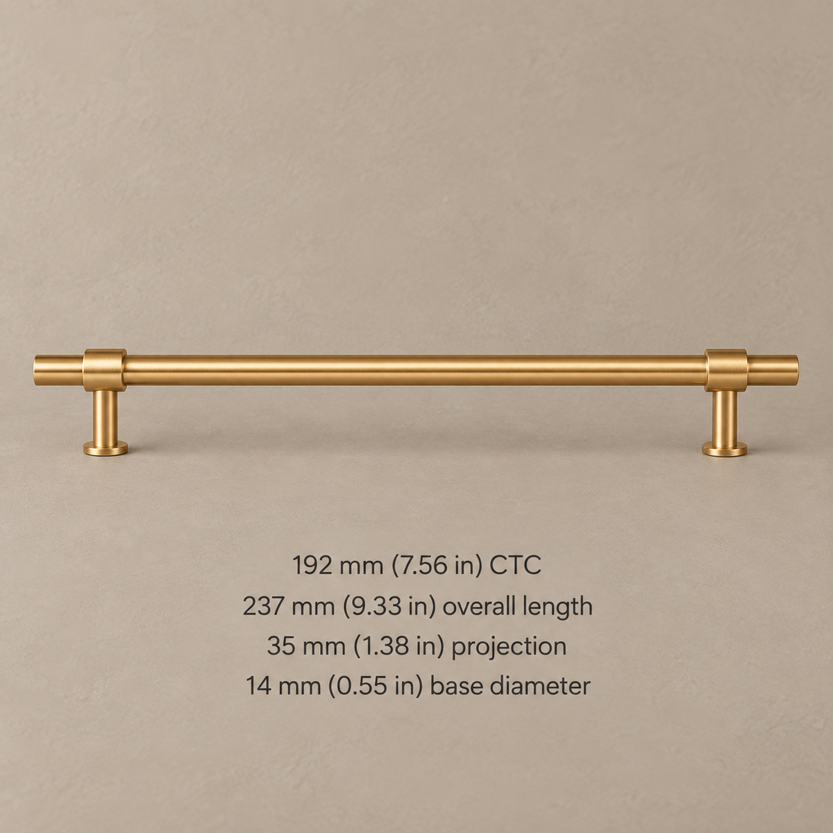 Brushed brass pull with 192 mm CTC and inch dimensions