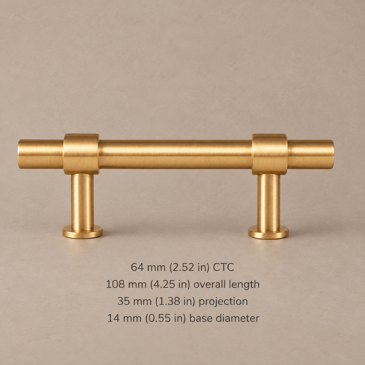 Brushed brass pull with 64 mm CTC and inch dimensions