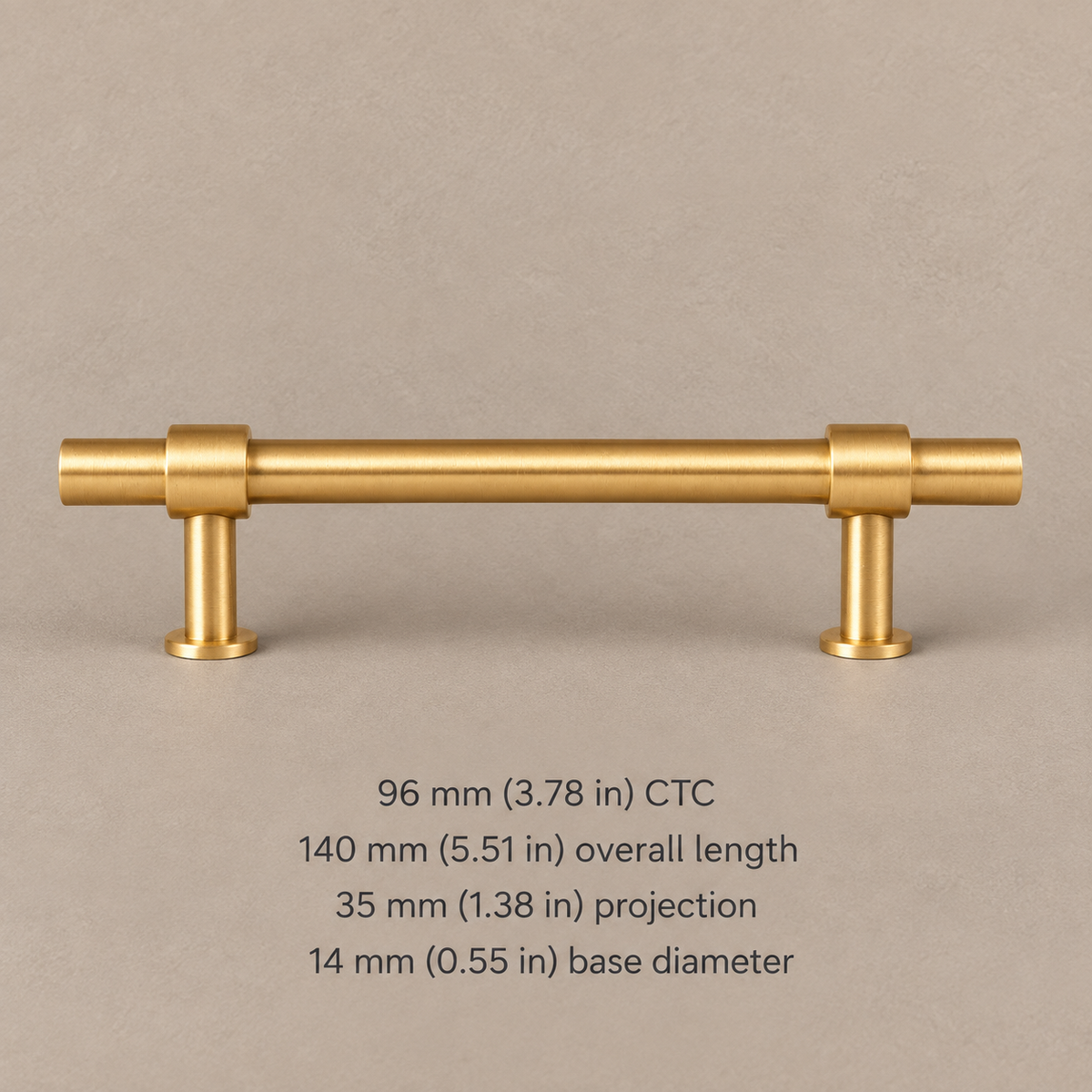 Brushed brass pull with 96 mm CTC and inch dimensions