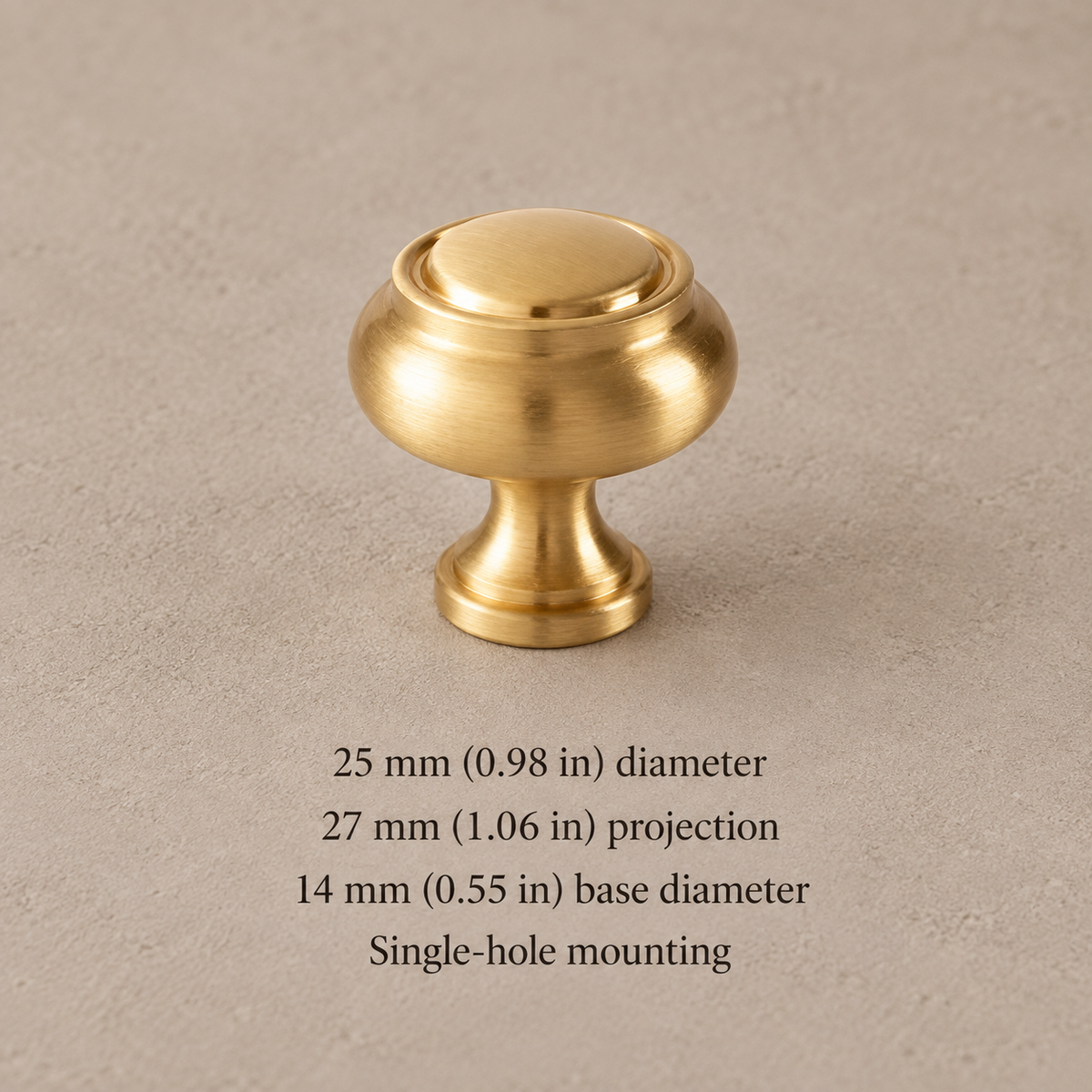 Brushed Brass Solid Brass Cabinet Pulls & Knobs — Modern Design — knob-25mm