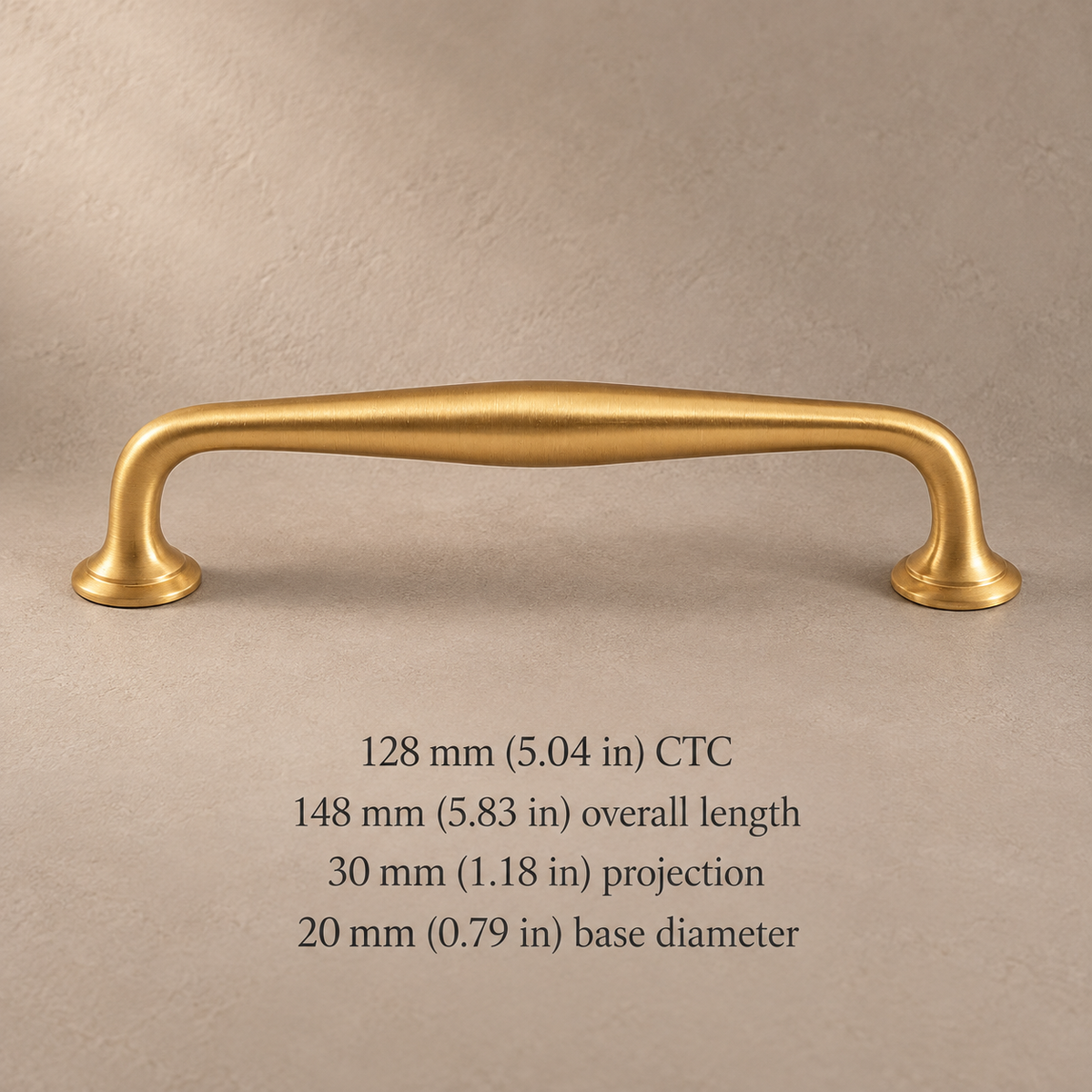 Brushed brass Nordic 128 mm CTC pull with millimetre and inch dimensions