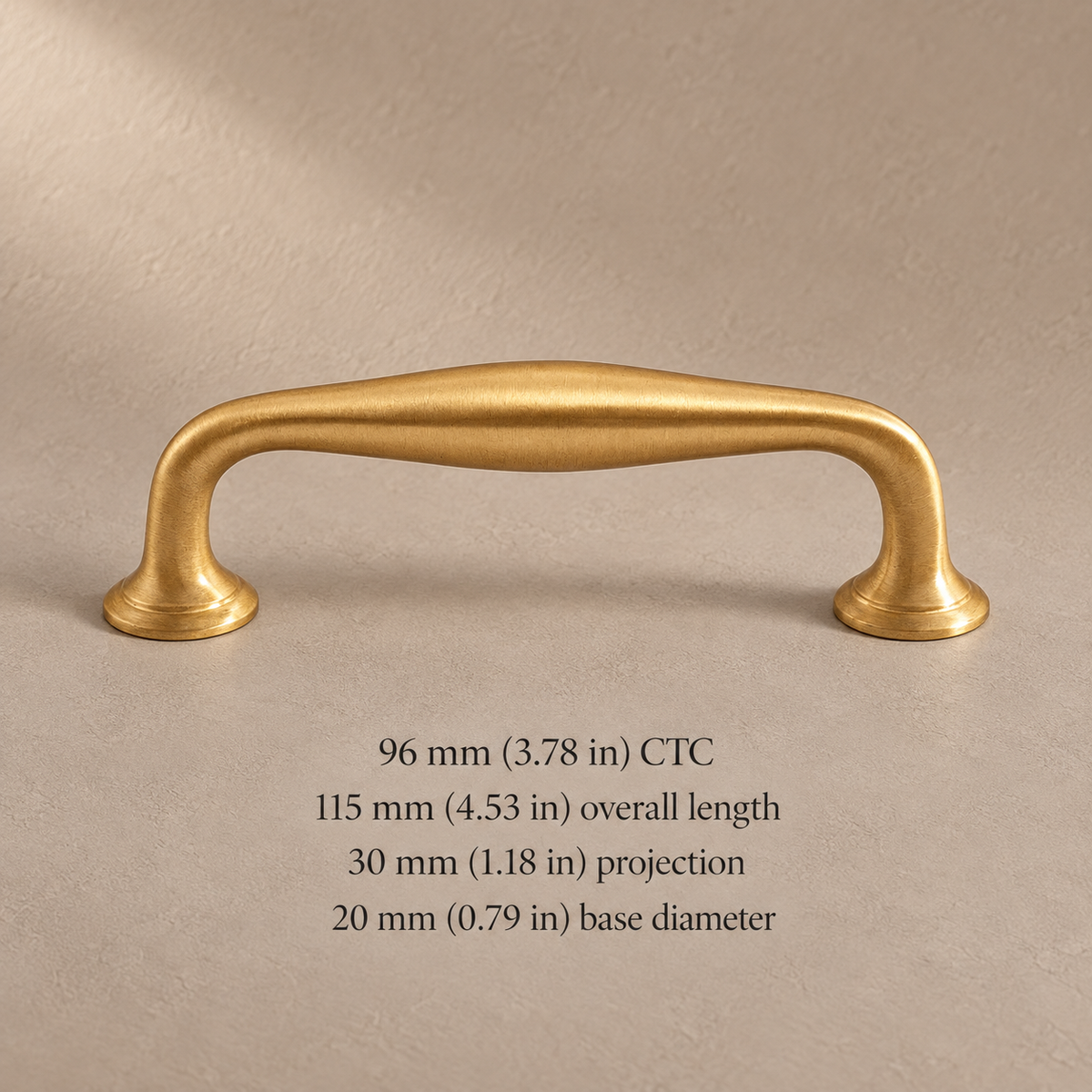 Brushed brass Nordic 96 mm CTC pull with millimetre and inch dimensions