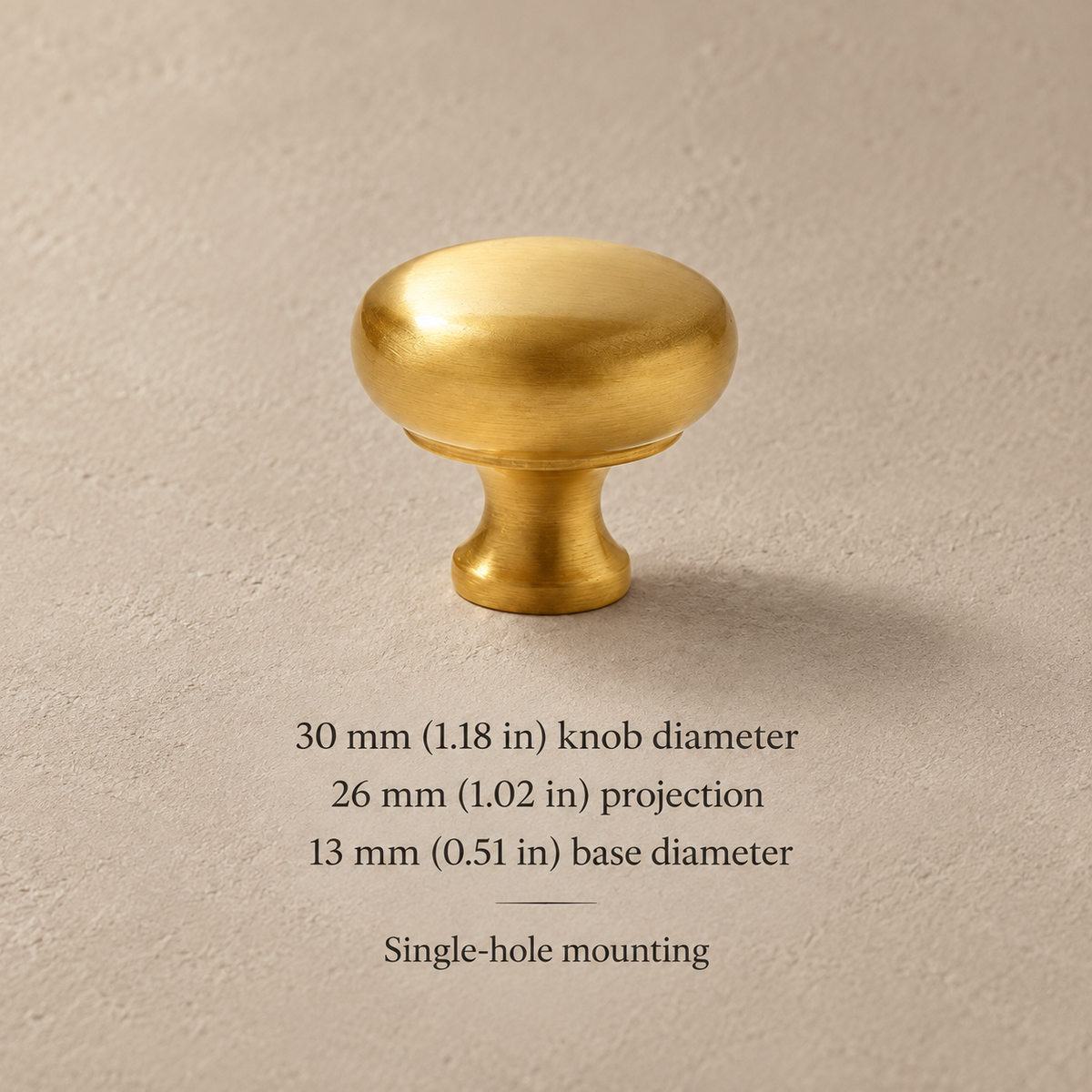 Brushed brass Nordic 30 mm round knob with millimetre and inch dimensions