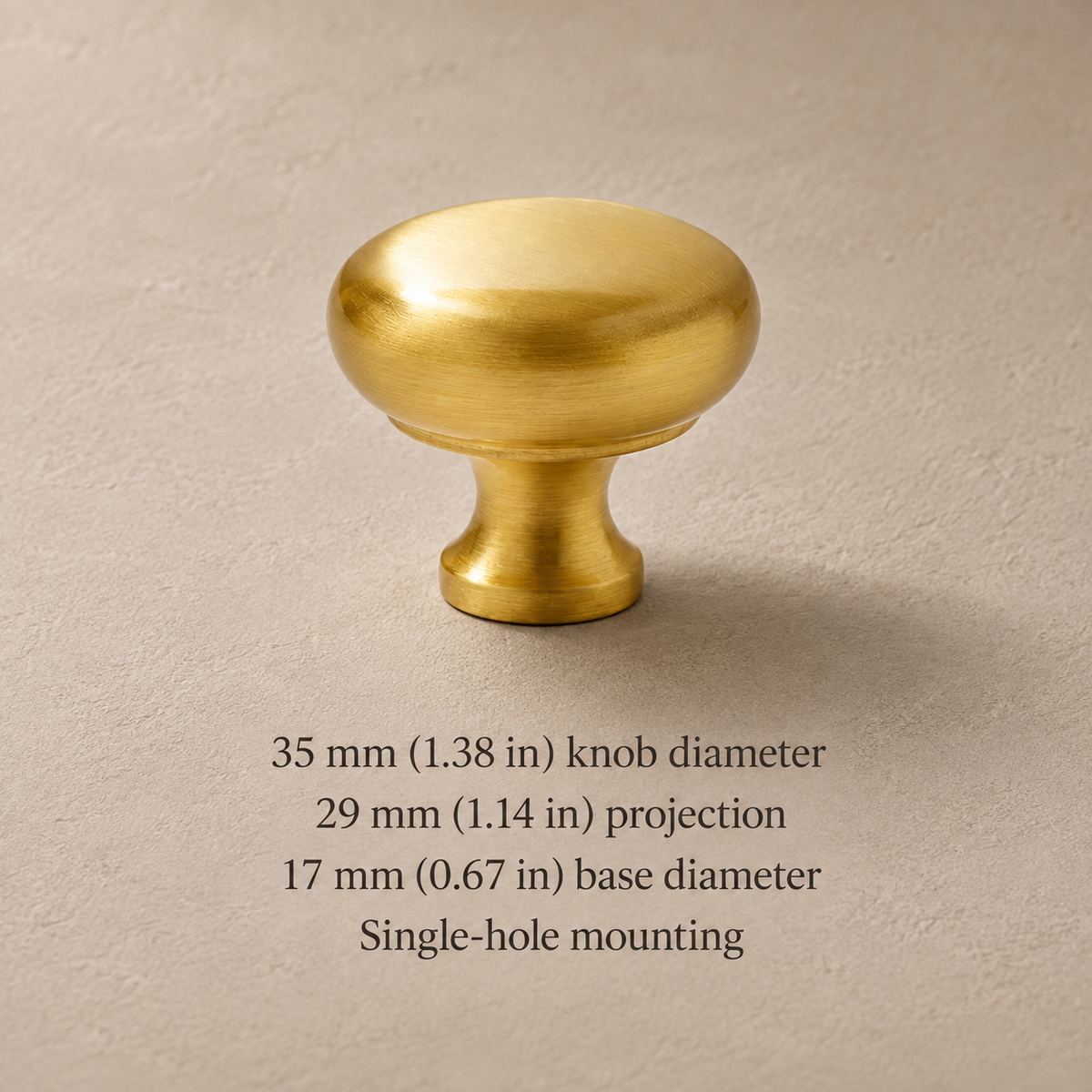 Brushed brass Nordic 35 mm round knob with millimetre and inch dimensions