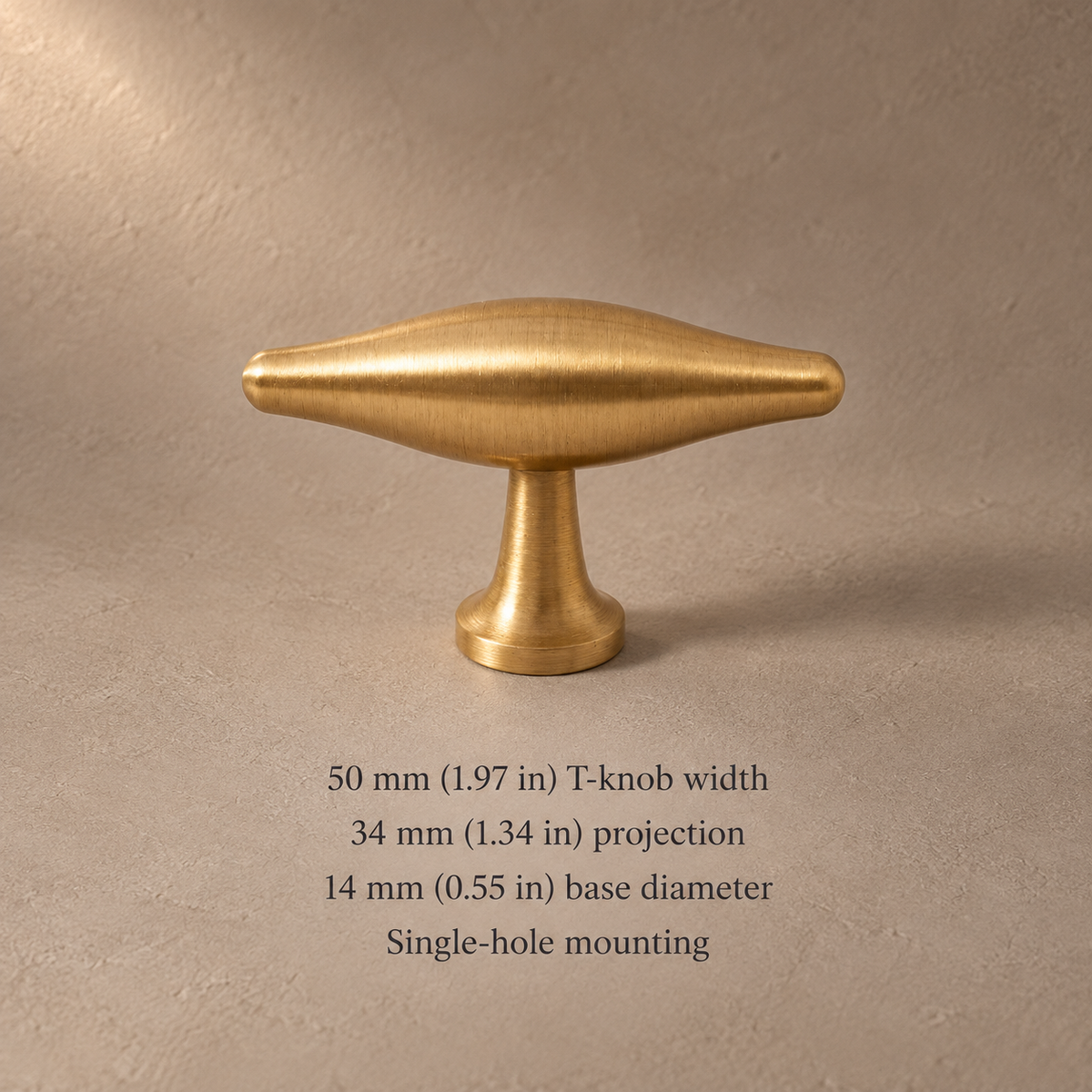 Brushed brass Nordic 50 mm T-knob with millimetre and inch dimensions