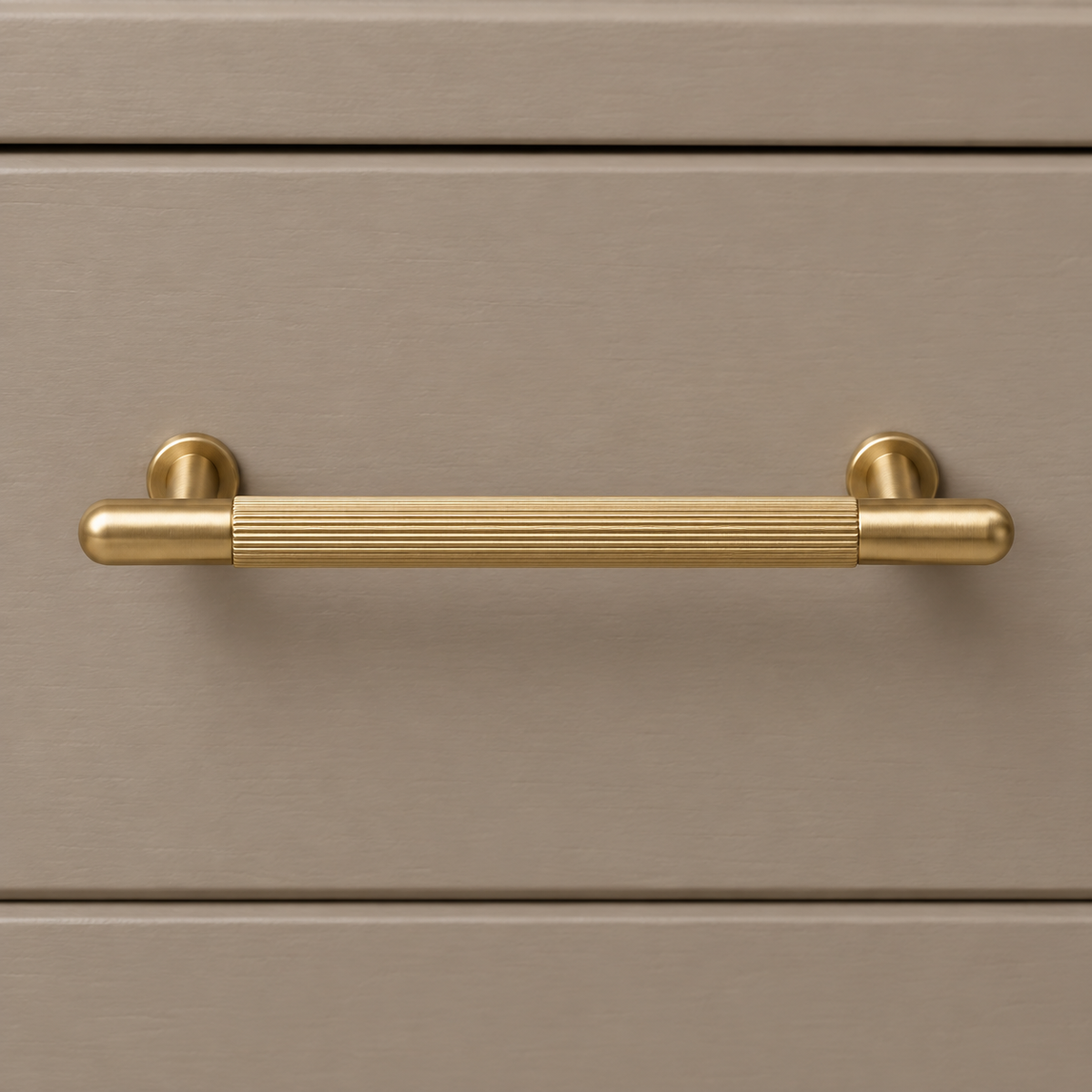 Brushed Brass Ribbed Cabinet Pull — Solid Brass — installed