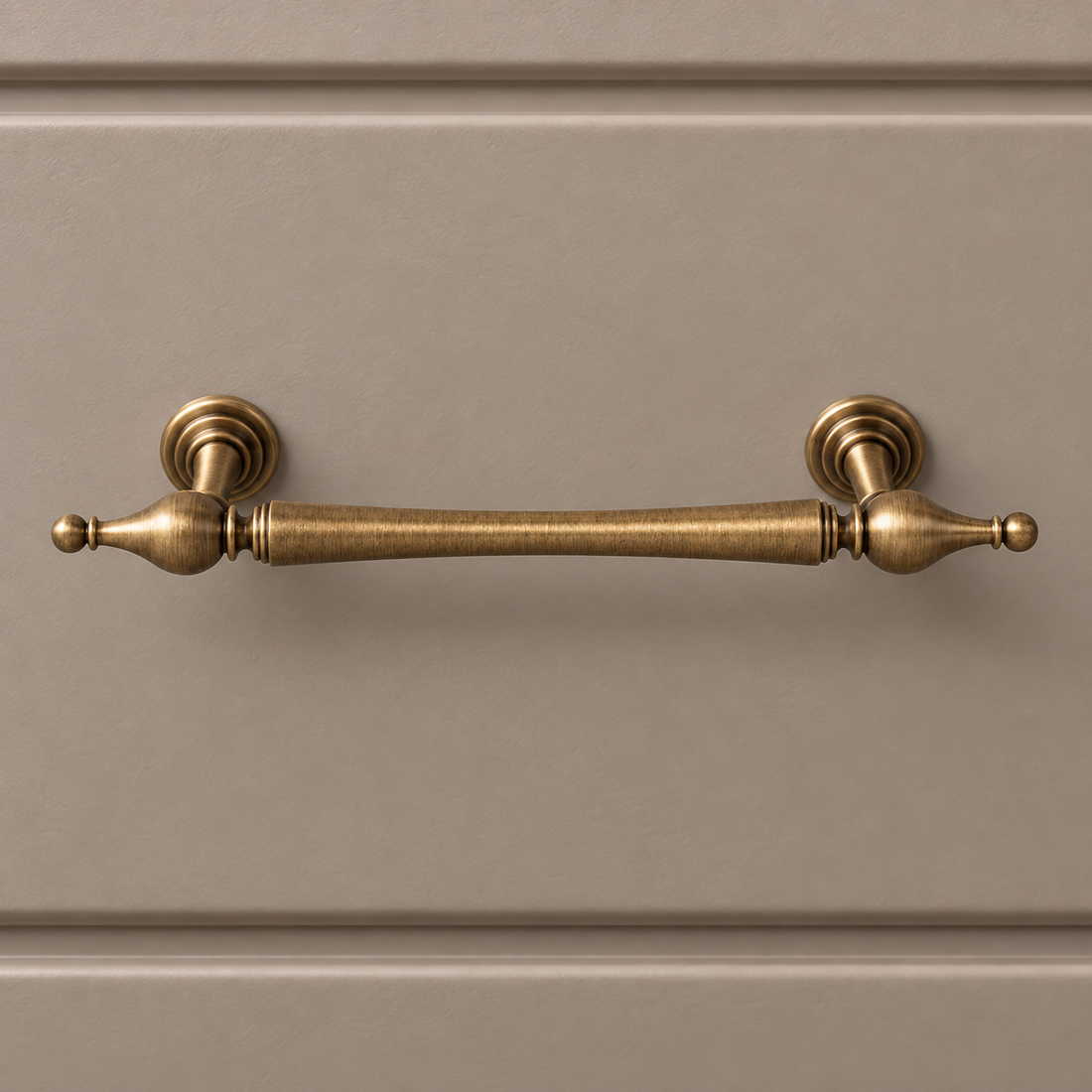 Solid Brass Cabinet Pulls & Knobs — Brushed Brass Finish on a neutral stone studio background