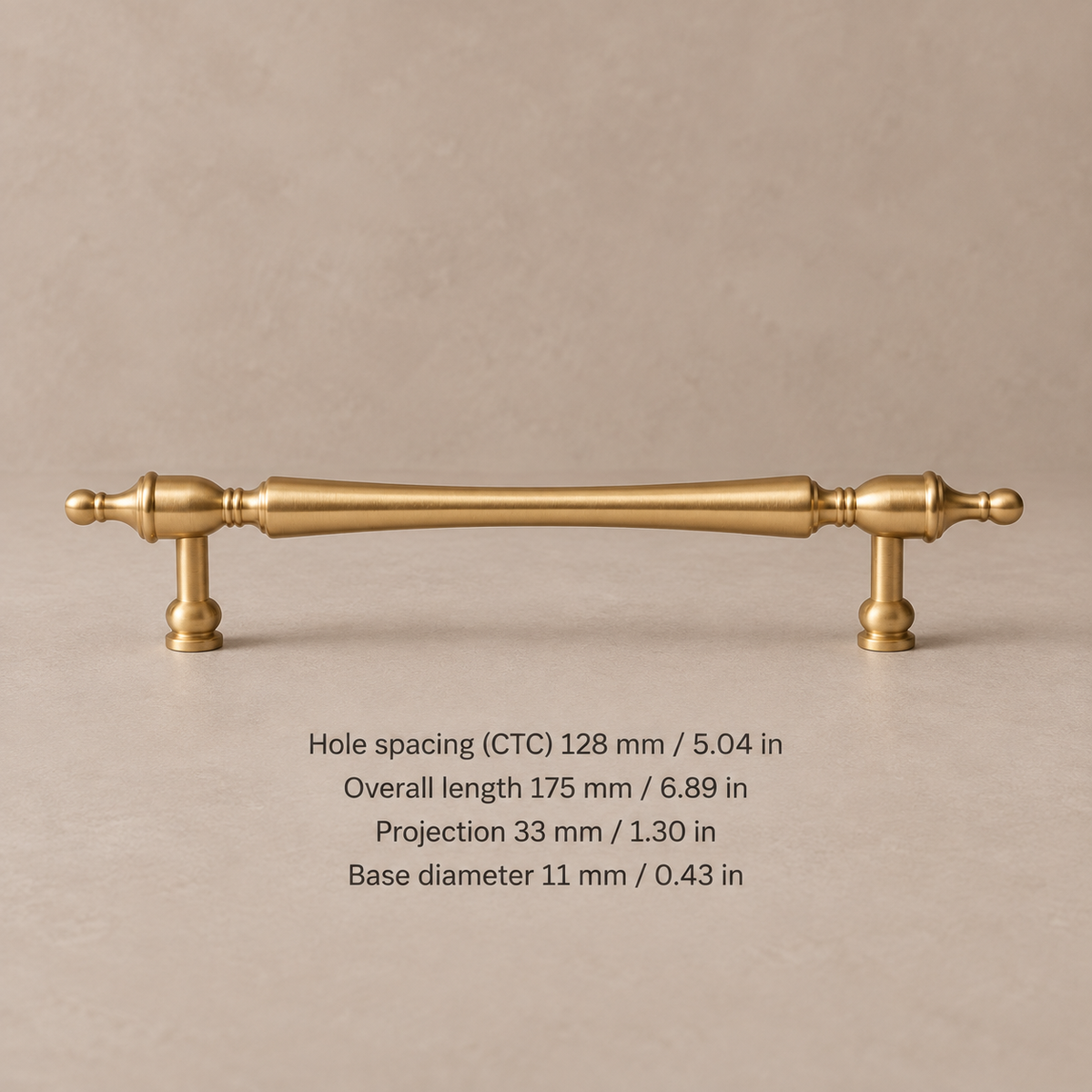 Pull — 5-1/16″ CTC (128 mm) brushed brass cabinet hardware with millimeter and inch measurements
