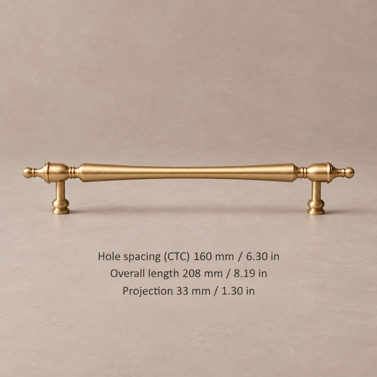 Pull — 6-5/16″ CTC (160 mm) brushed brass cabinet hardware with millimeter and inch measurements