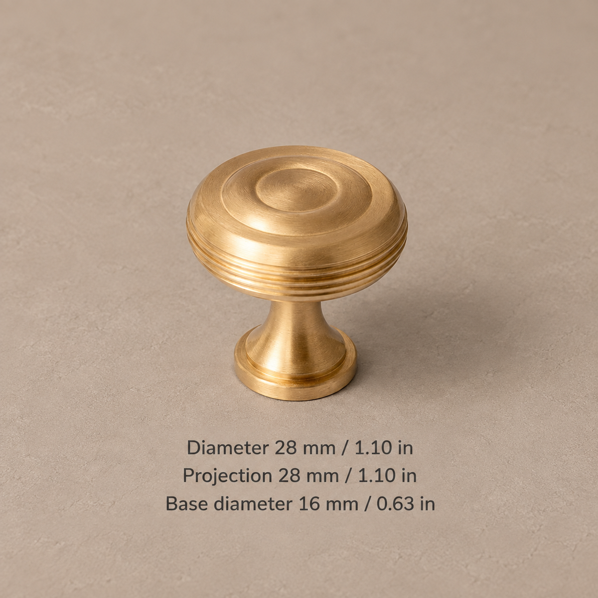 Knob — 1-1/8″ (28 mm) brushed brass cabinet hardware with millimeter and inch measurements
