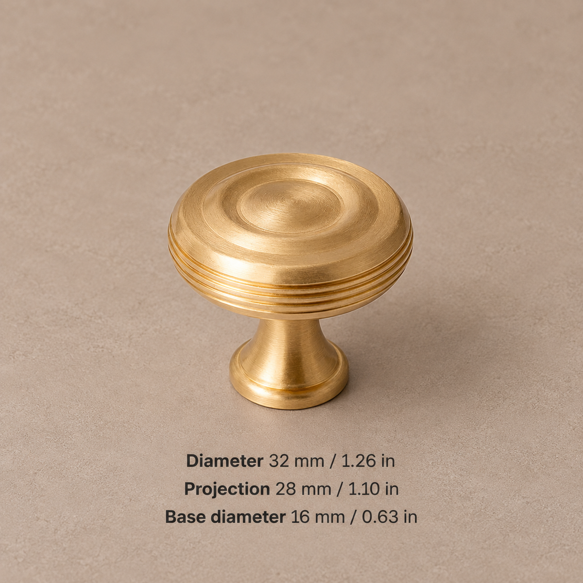 Knob — 1-1/4″ (32 mm) brushed brass cabinet hardware with millimeter and inch measurements