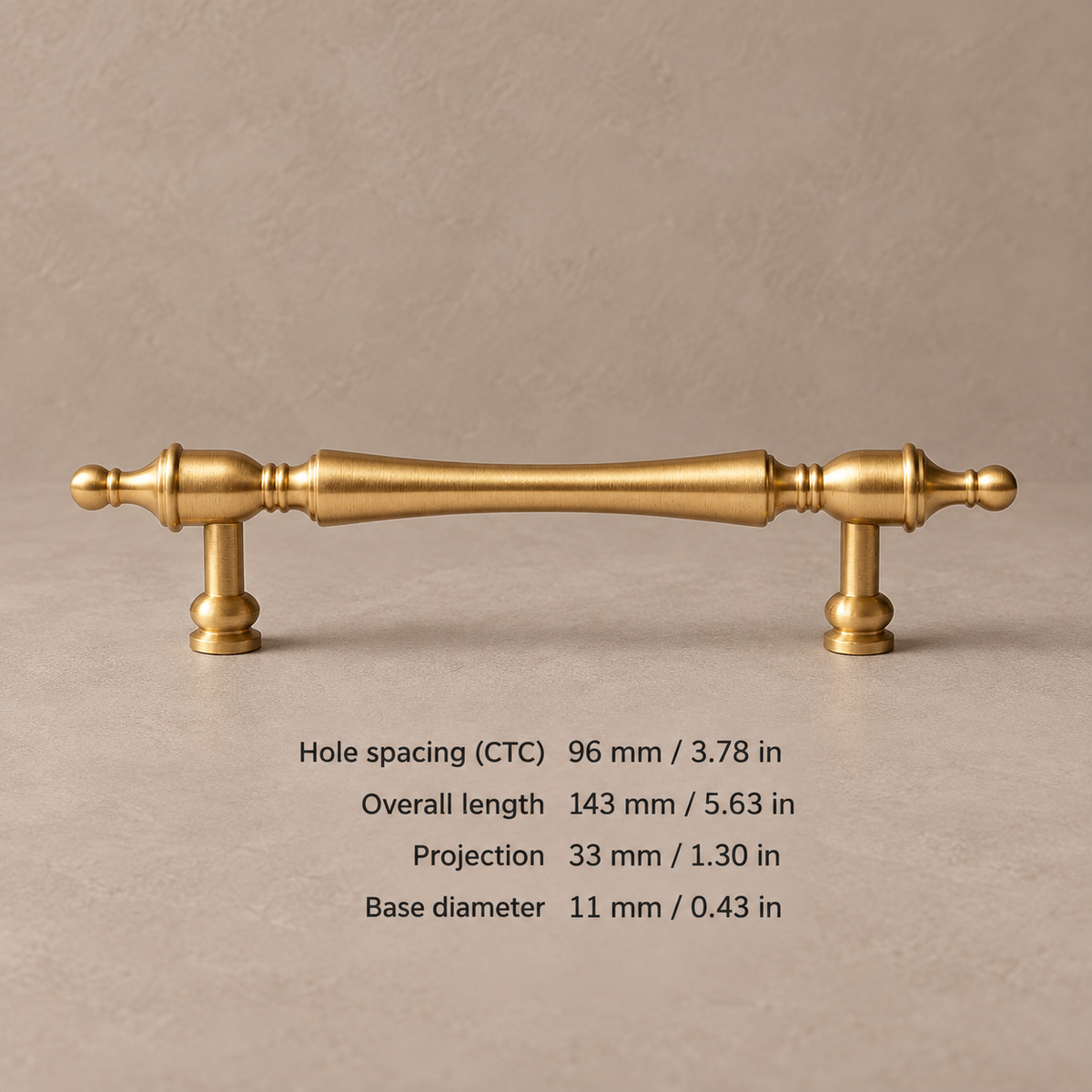 Pull — 3-3/4″ CTC (96 mm) brushed brass cabinet hardware with millimeter and inch measurements