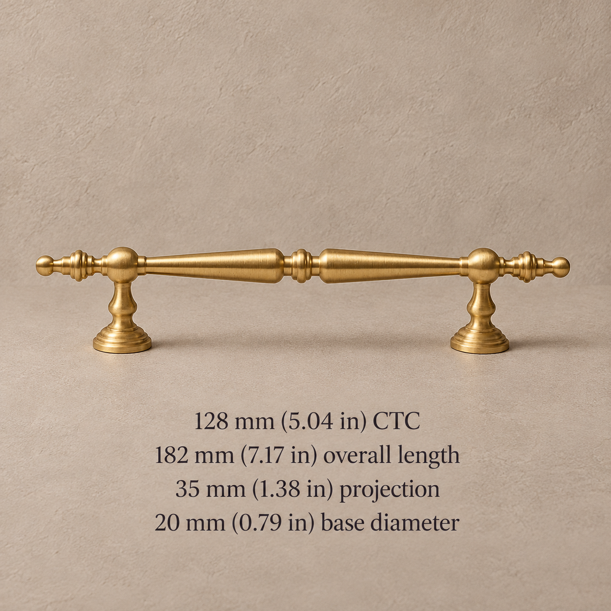 Brushed brass 128 mm CTC pull with millimetre and inch dimensions