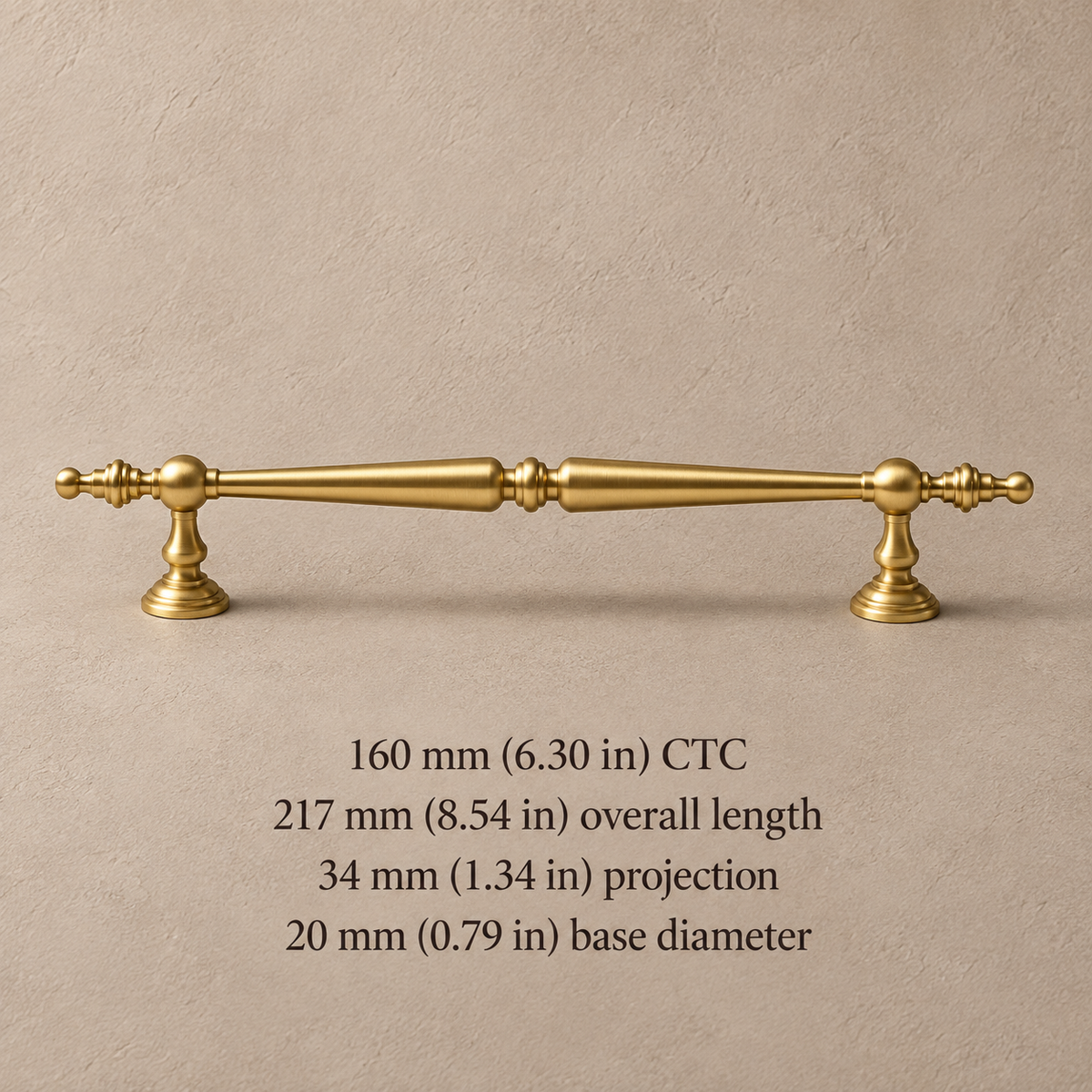 Brushed brass 160 mm CTC pull with millimetre and inch dimensions