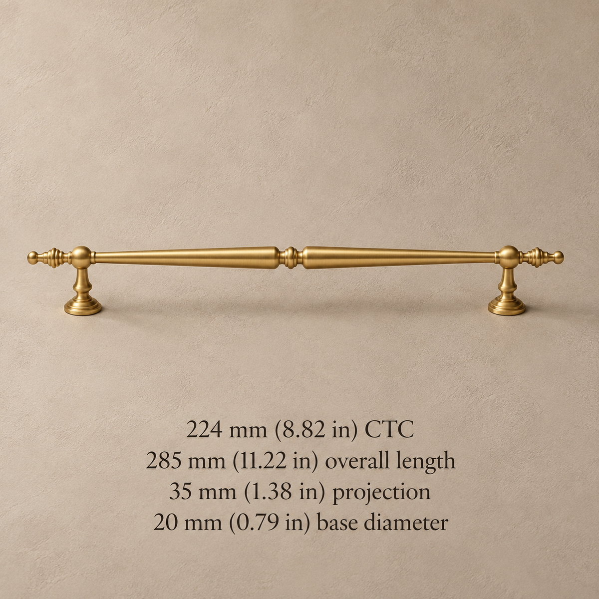 Brushed brass 224 mm CTC pull with millimetre and inch dimensions