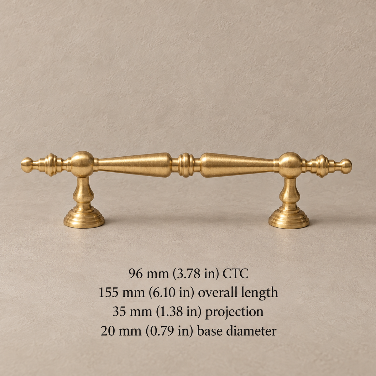 Brushed brass 96 mm CTC pull with millimetre and inch dimensions