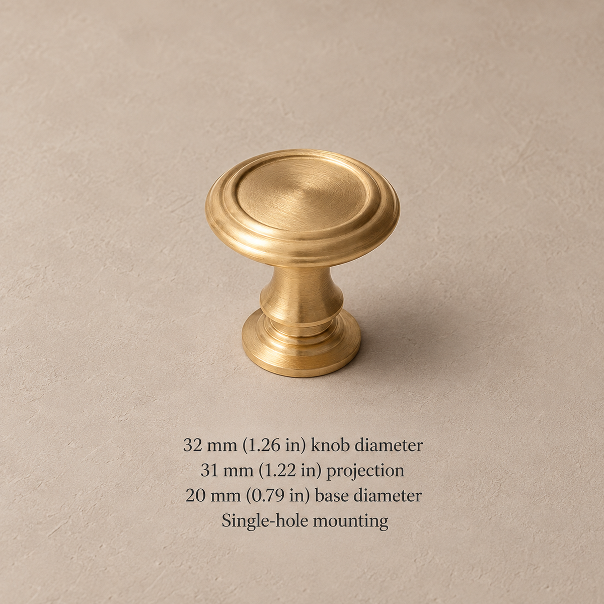 Brushed brass 32 mm knob with millimetre and inch dimensions