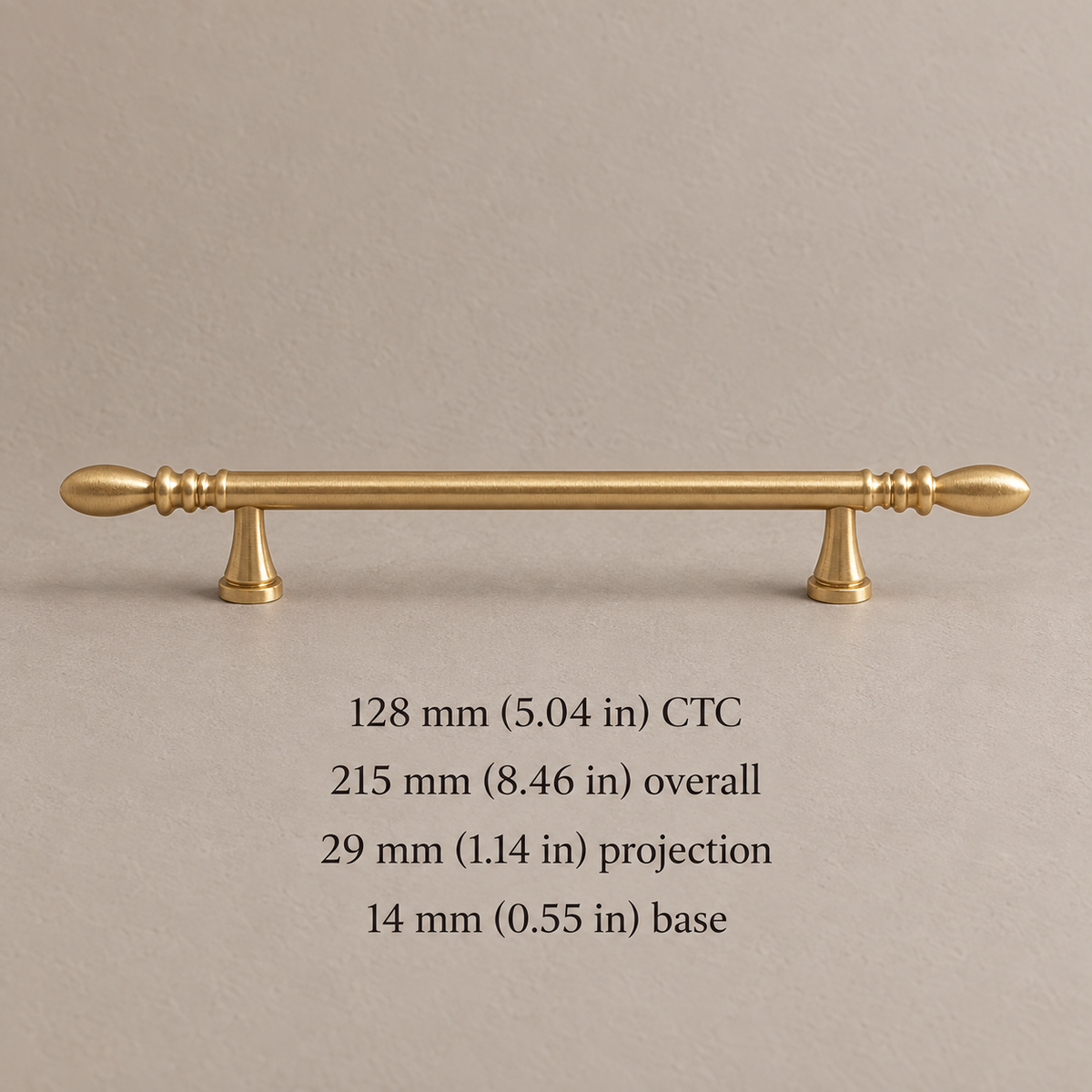 128 mm CTC teardrop brass pull with dimensions in millimeters and inches
