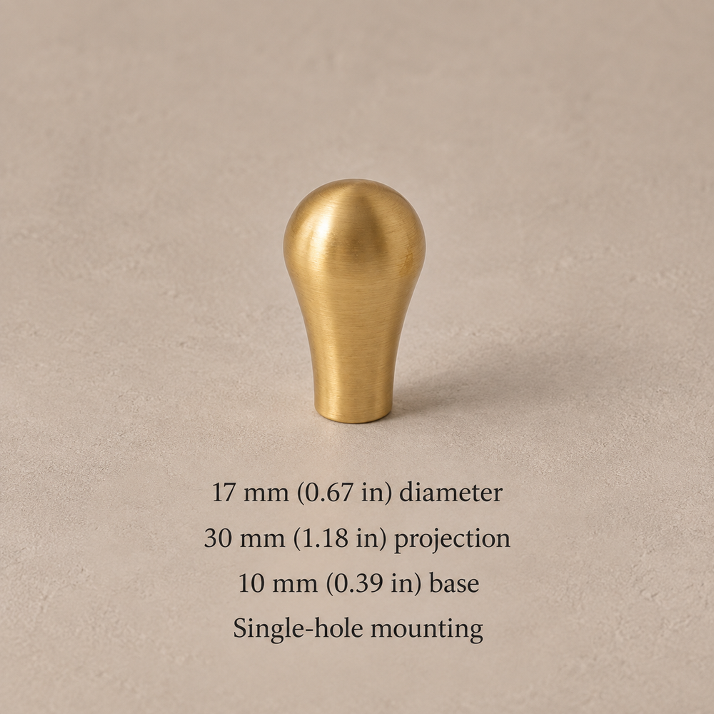 17 mm teardrop brass knob with dimensions in millimeters and inches