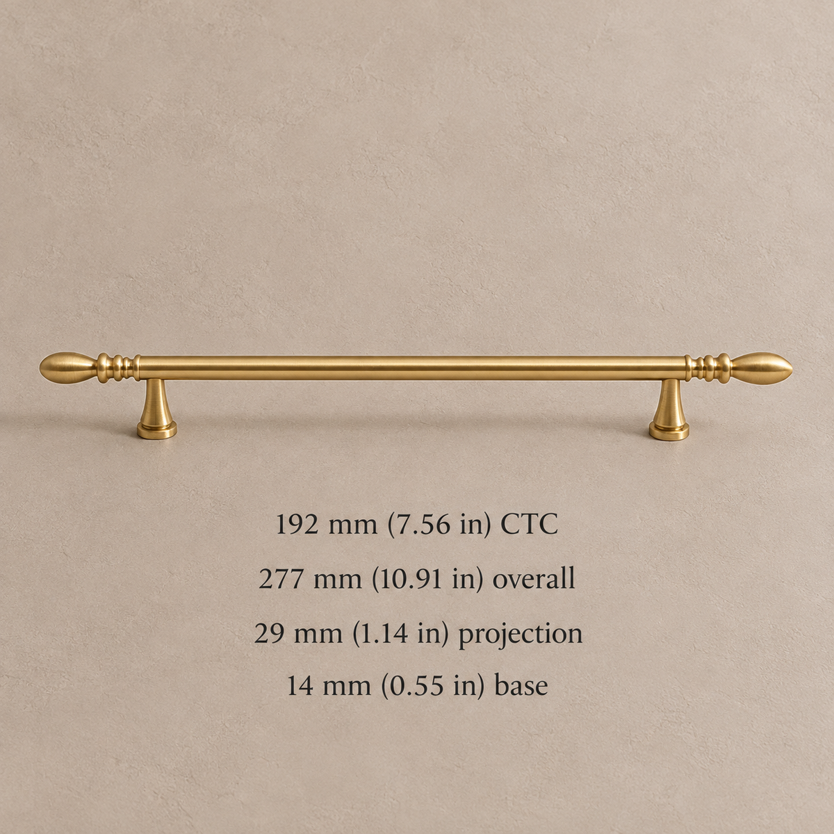 192 mm CTC brushed brass pull with dimensions in millimeters and inches