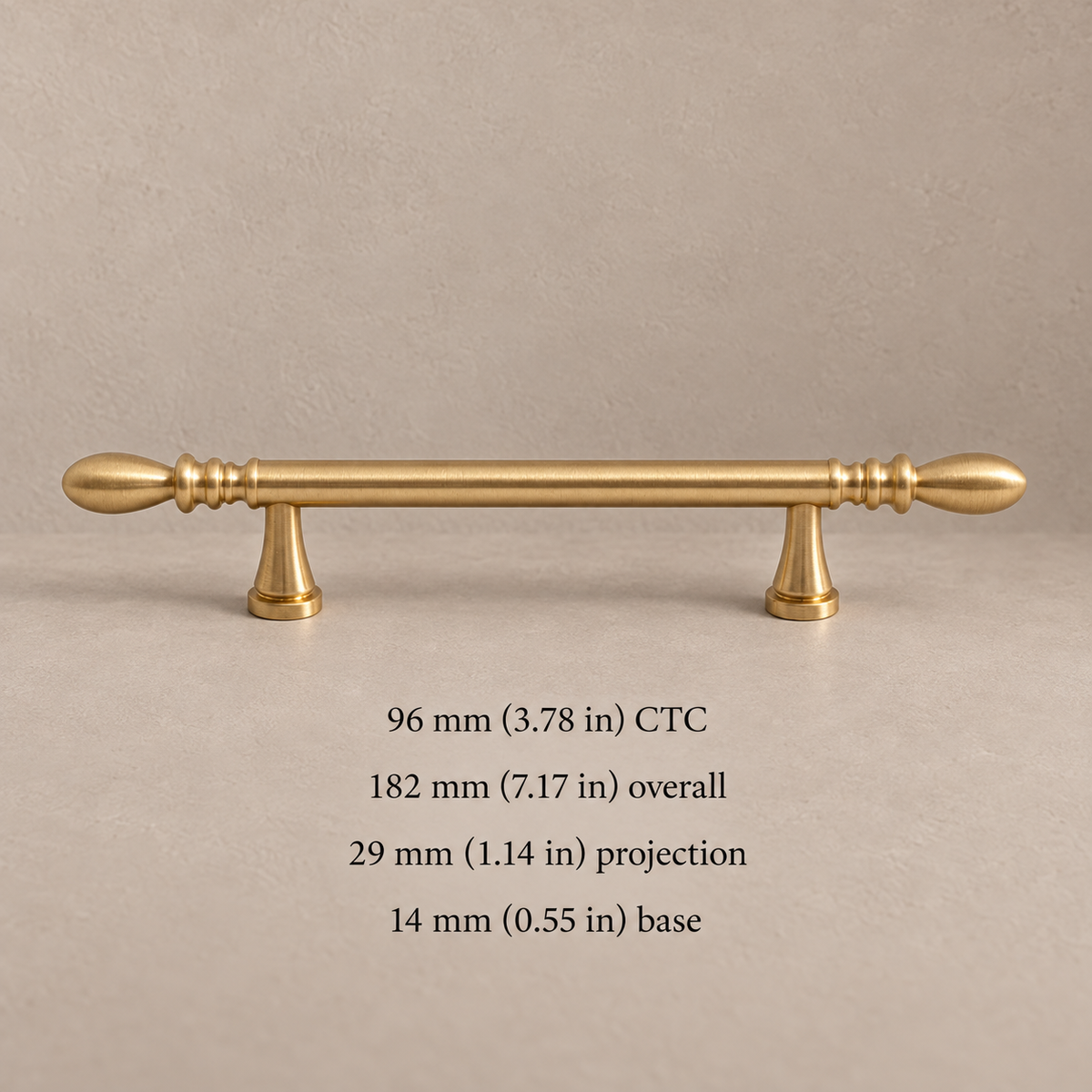 96 mm CTC teardrop brass pull with dimensions in millimeters and inches