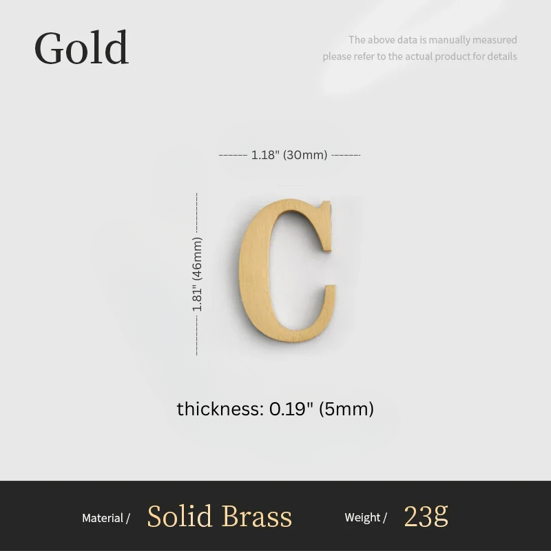 Gold letter 'C' with measurements on a gray background