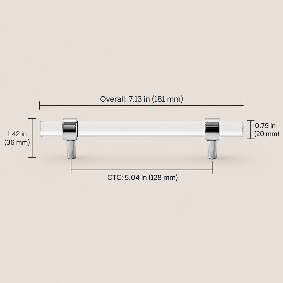 Clear acrylic and chrome 128 mm CTC cabinet pull dimensions in inches and millimeters