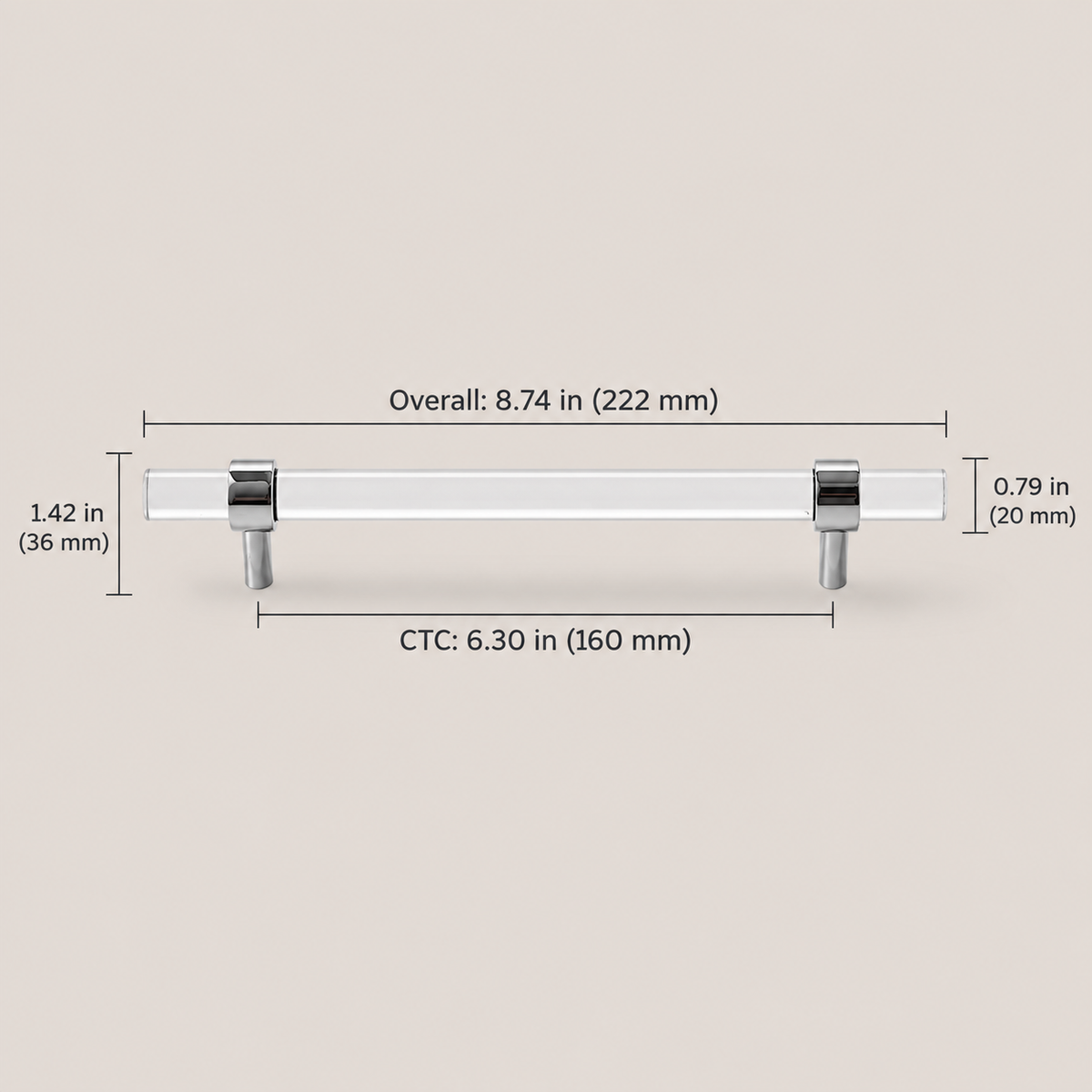 Clear acrylic and chrome 160 mm CTC cabinet pull dimensions in inches and millimeters