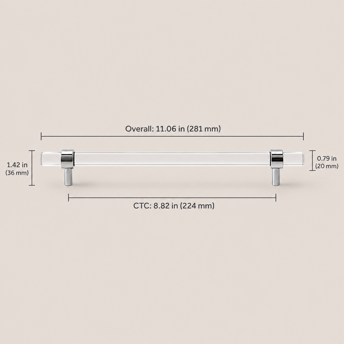 Clear acrylic and chrome 224 mm CTC cabinet pull dimensions in inches and millimeters