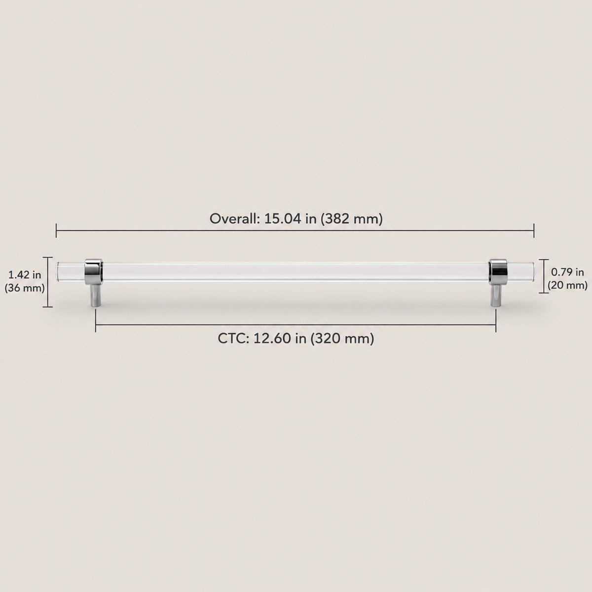 Clear acrylic and chrome 320 mm CTC cabinet pull dimensions in inches and millimeters