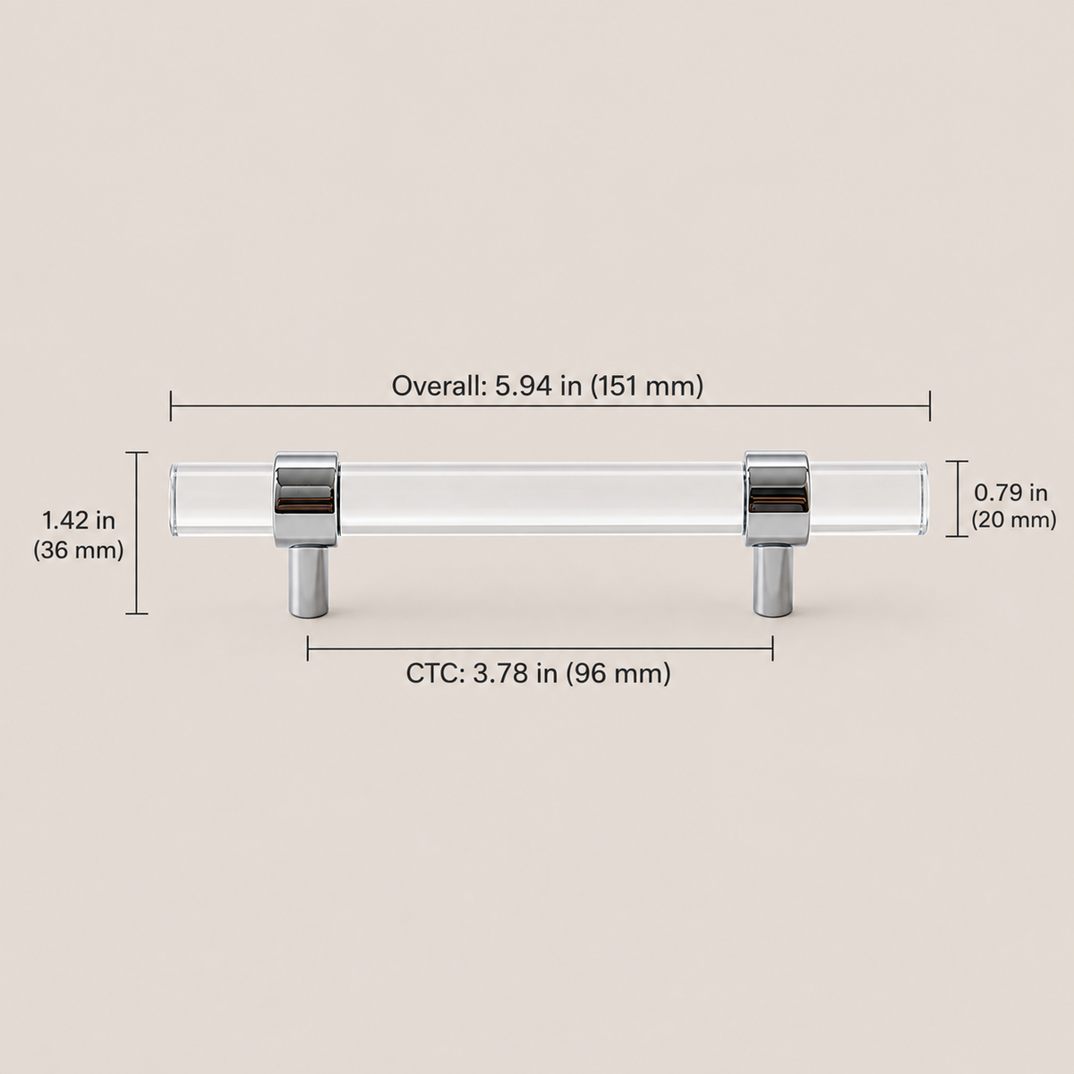 Clear acrylic and chrome 96 mm CTC cabinet pull dimensions in inches and millimeters