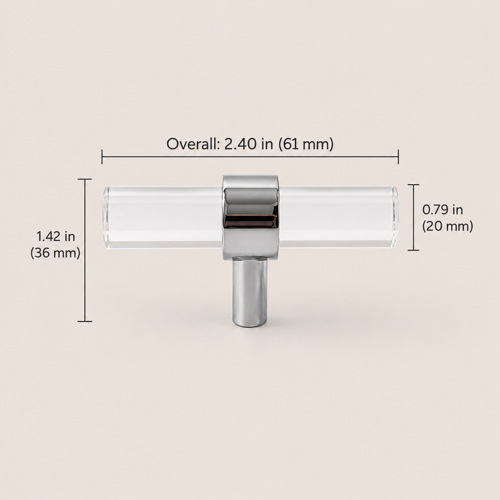 Clear acrylic and chrome 61 mm T-knob dimensions in inches and millimeters