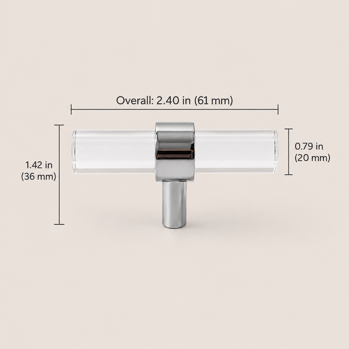 Clear acrylic and chrome 61 mm T-knob dimensions in inches and millimeters
