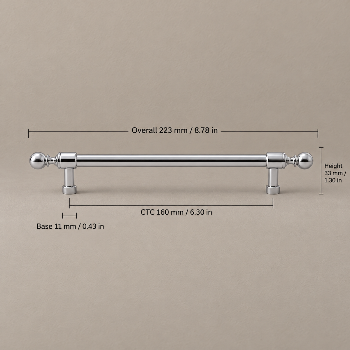 Bright chrome ball-end cabinet hardware — 160 mm CTC pull measurements in mm and inches