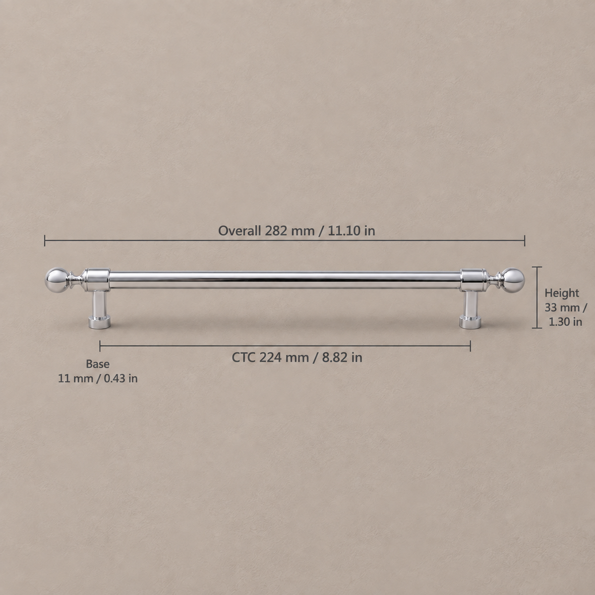 Bright chrome ball-end cabinet hardware — 224 mm CTC pull measurements in mm and inches