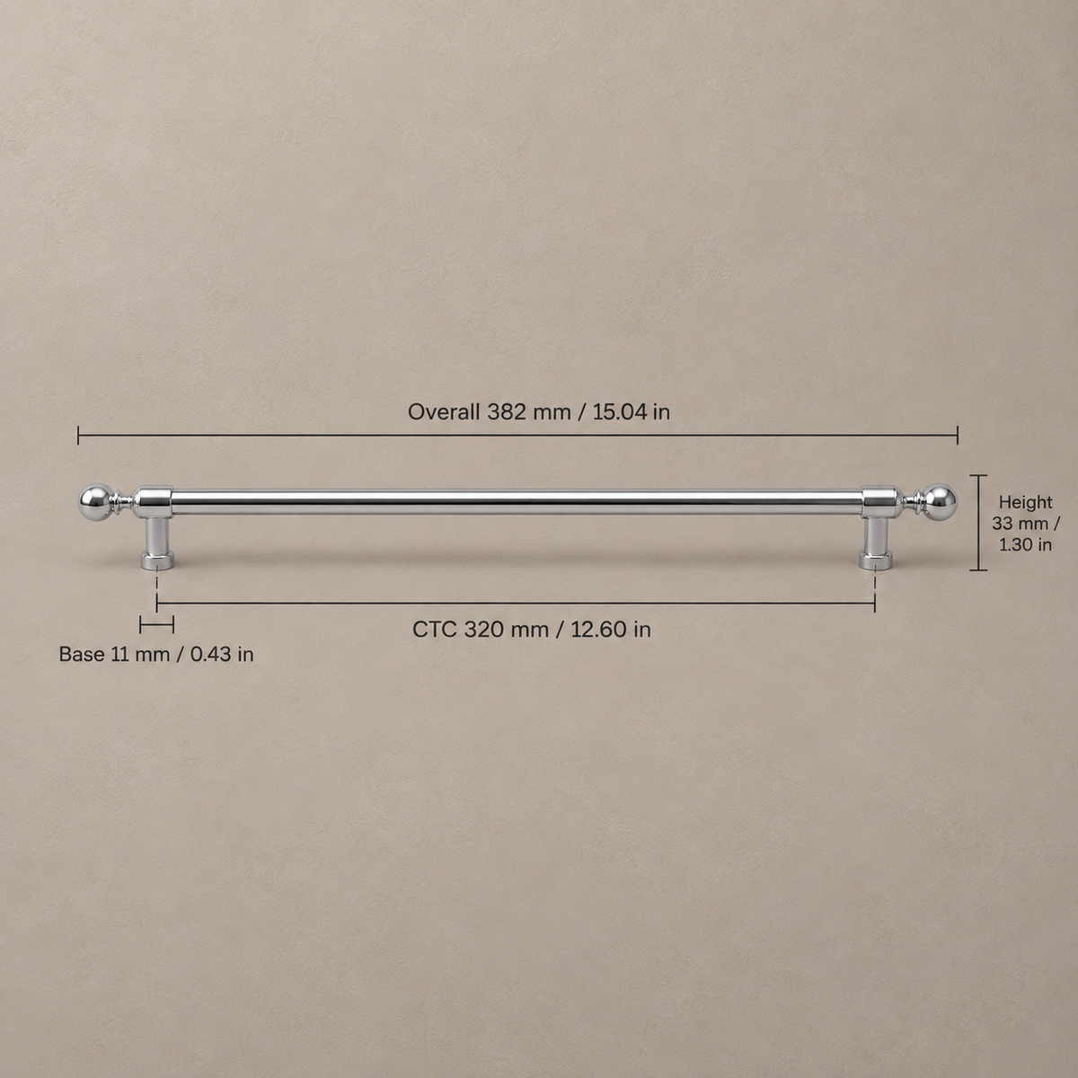 Bright chrome ball-end cabinet hardware — 320 mm CTC pull measurements in mm and inches