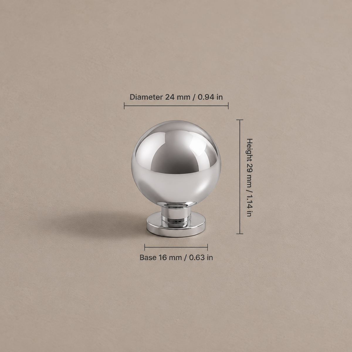 Bright chrome ball-end cabinet hardware — ball knob style 959, measurements in mm and inches