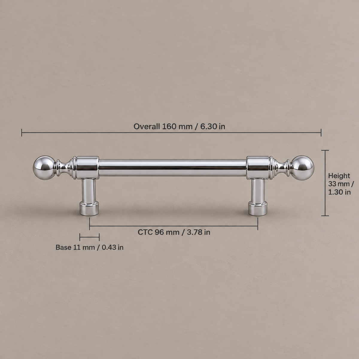 Bright chrome ball-end cabinet hardware — 96 mm CTC pull measurements in mm and inches