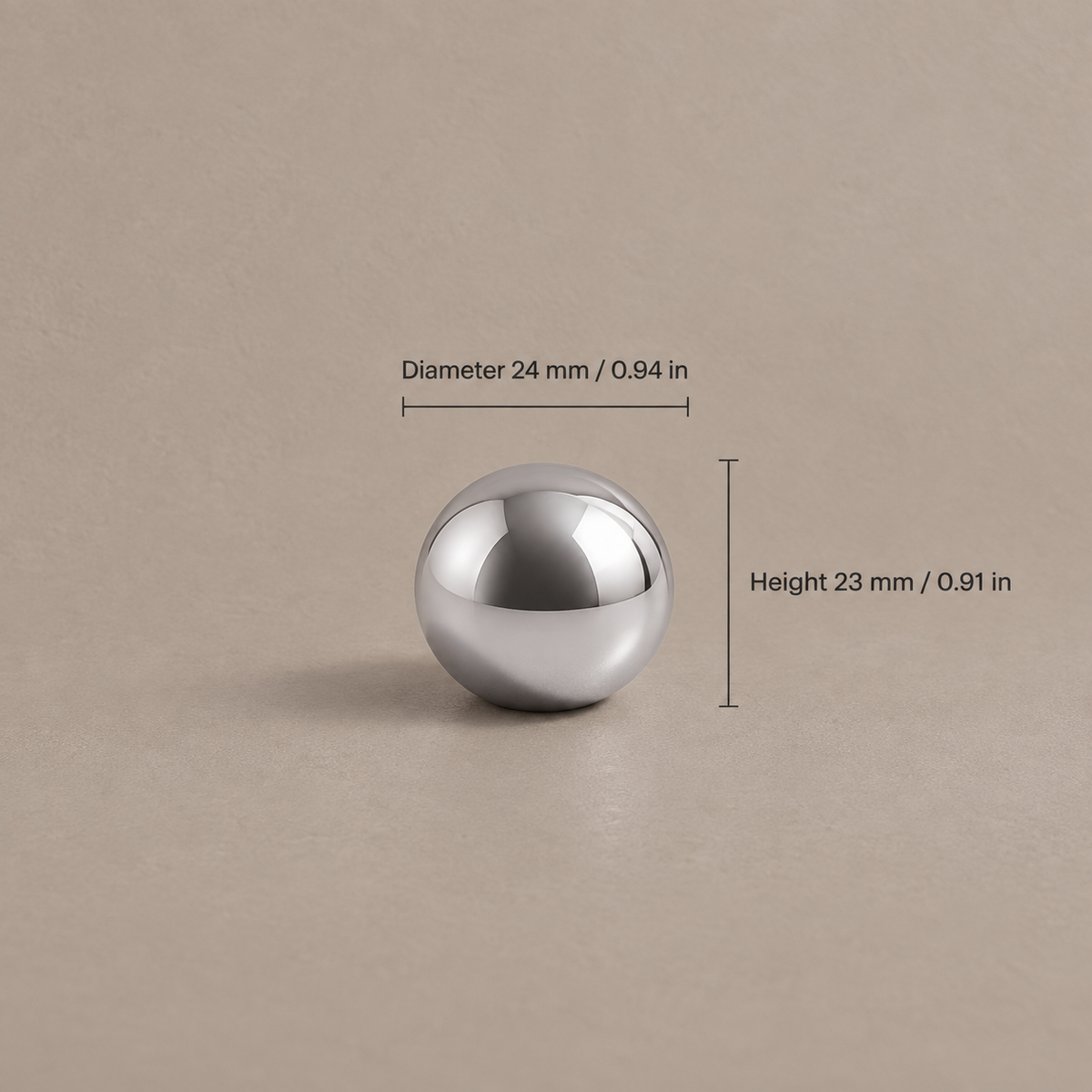 Bright chrome ball-end cabinet hardware — ball knob style 960, measurements in mm and inches