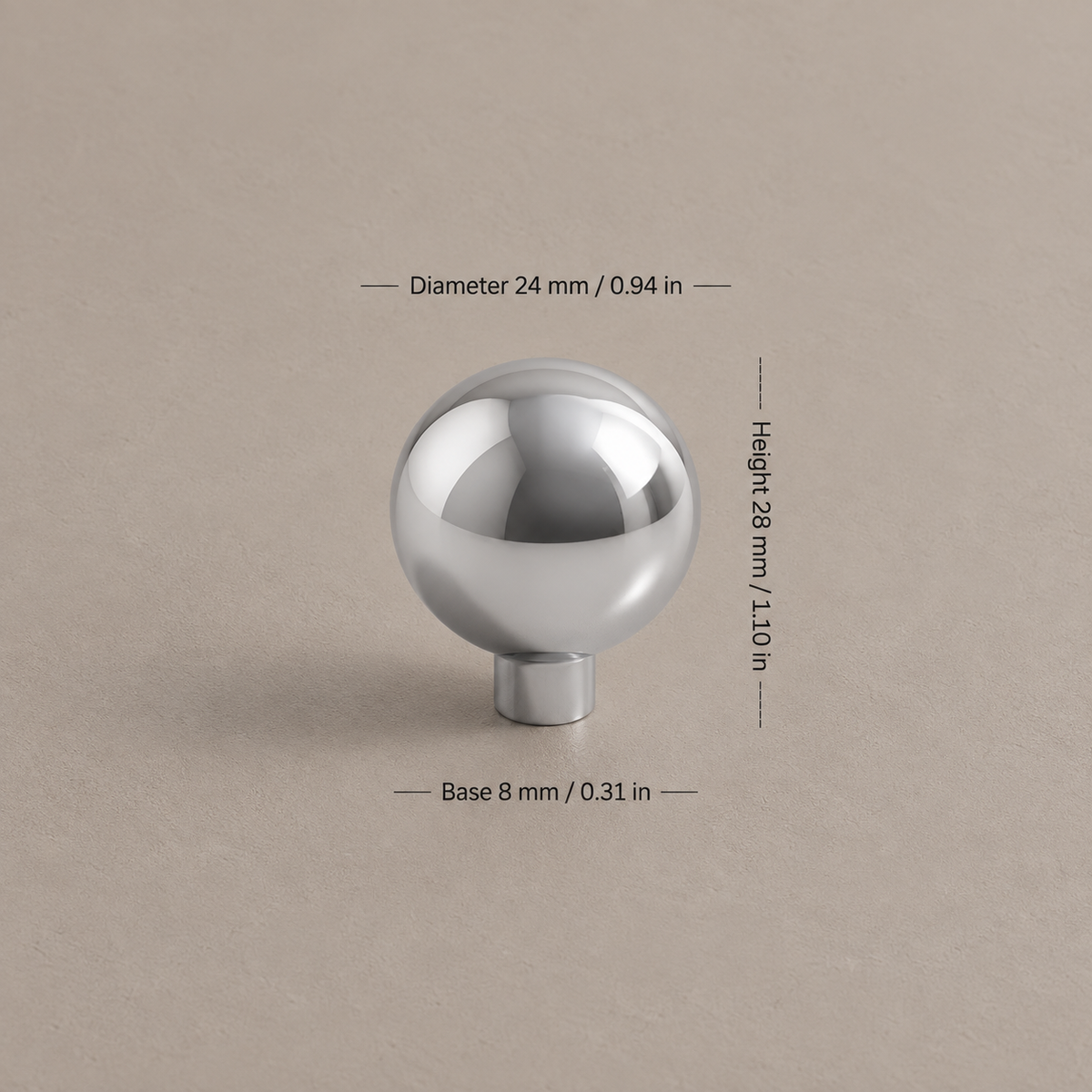 Bright chrome ball-end cabinet hardware — ball knob style 961, measurements in mm and inches