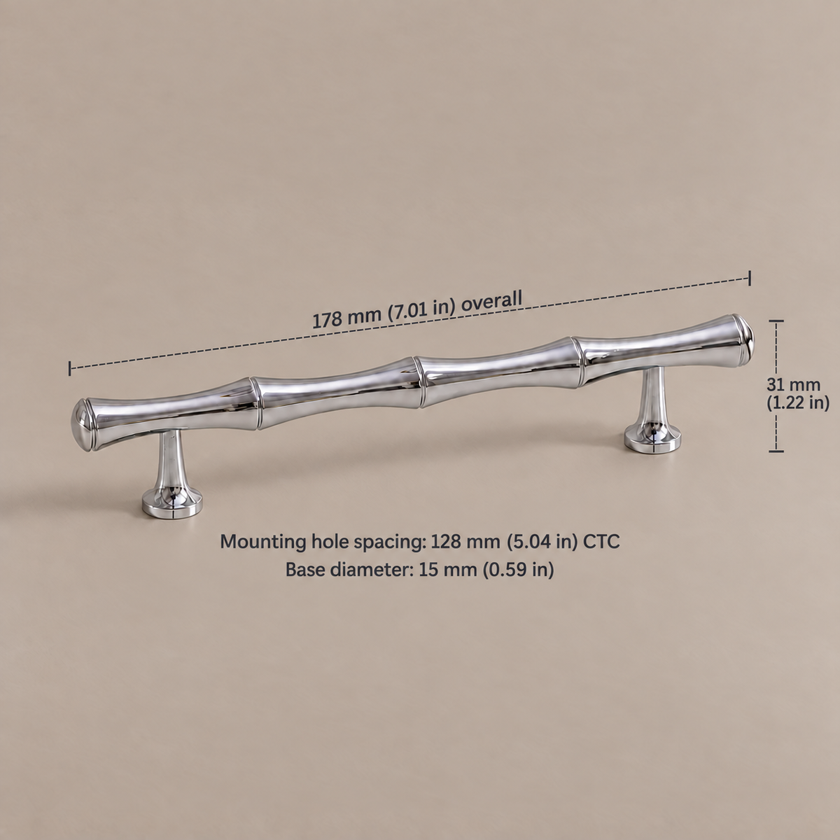 Chrome Brass Bamboo-Style Cabinet Pulls & T-Knob - Modern Design — chrome-bamboo-128mm-ctc