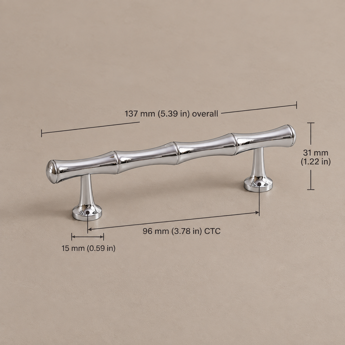 Chrome Brass Bamboo-Style Cabinet Pulls & T-Knob - Modern Design — chrome-bamboo-96mm-ctc