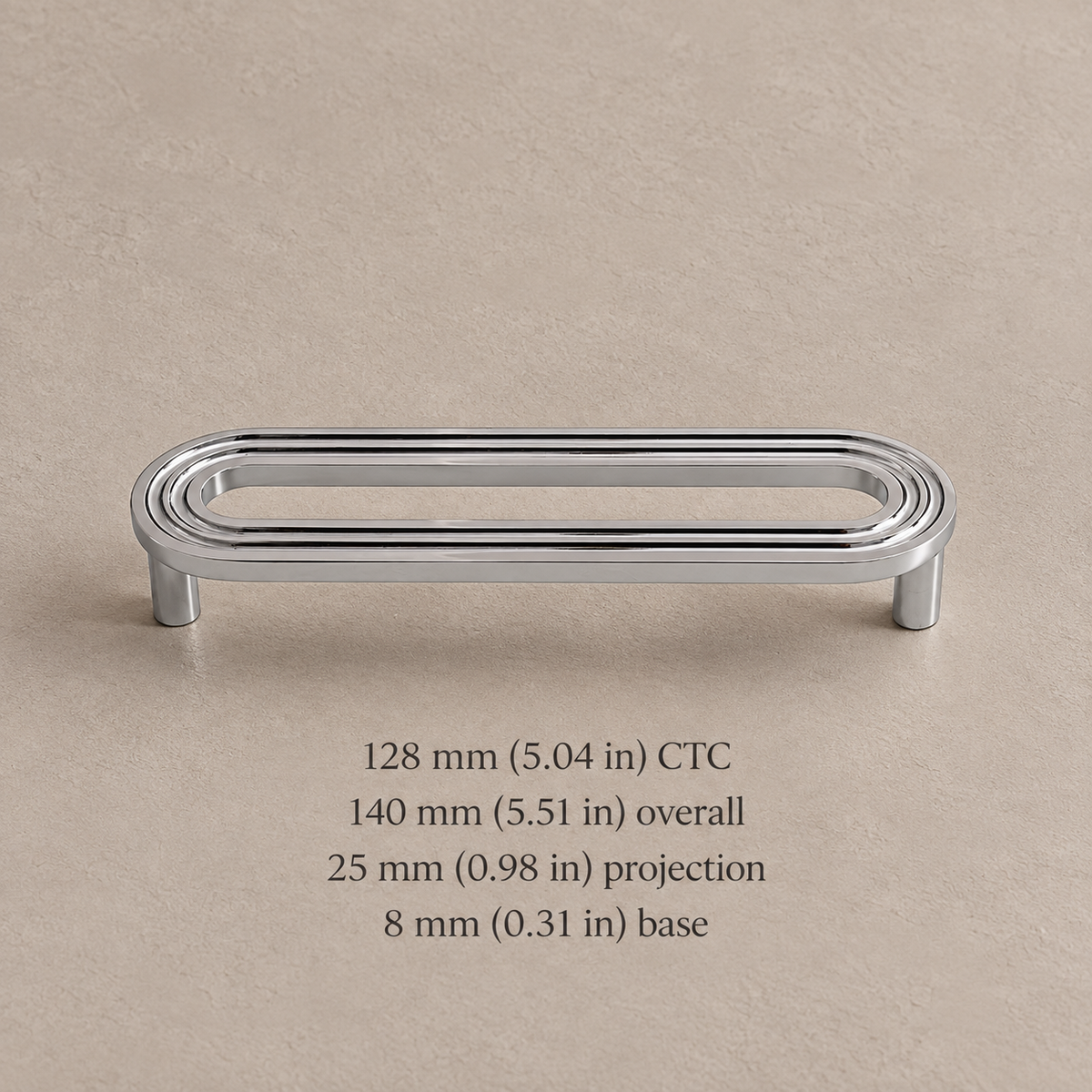 Chrome oval cabinet pull, 128 mm (5.04 in) hole spacing