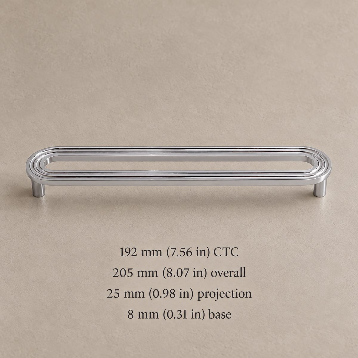 Chrome oval cabinet pull, 192 mm (7.56 in) hole spacing