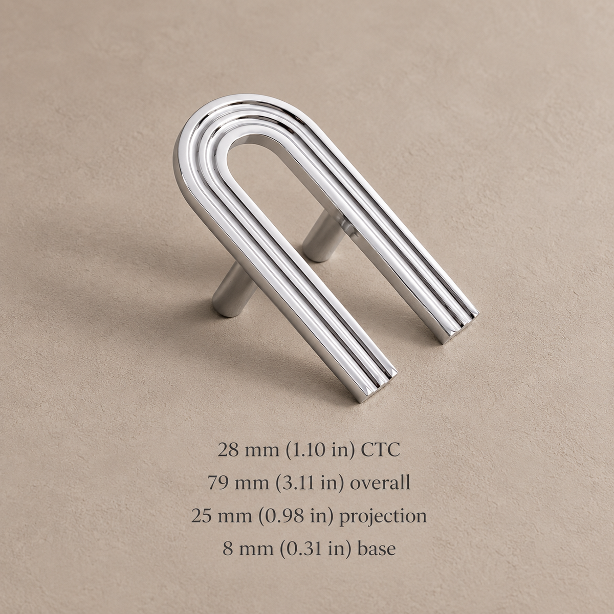 Chrome open-ended cabinet pull, 28 mm (1.10 in) hole spacing